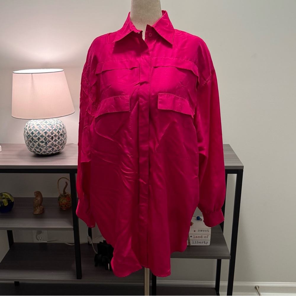Liz Claiborne 100% Silk Hot Pink Button Down Shirt – Size 10 – Made in Hong Kong